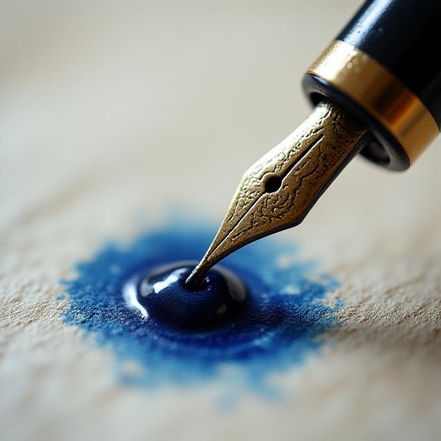 Close up of a calligrapher dipped pen in dark ink on textured paper